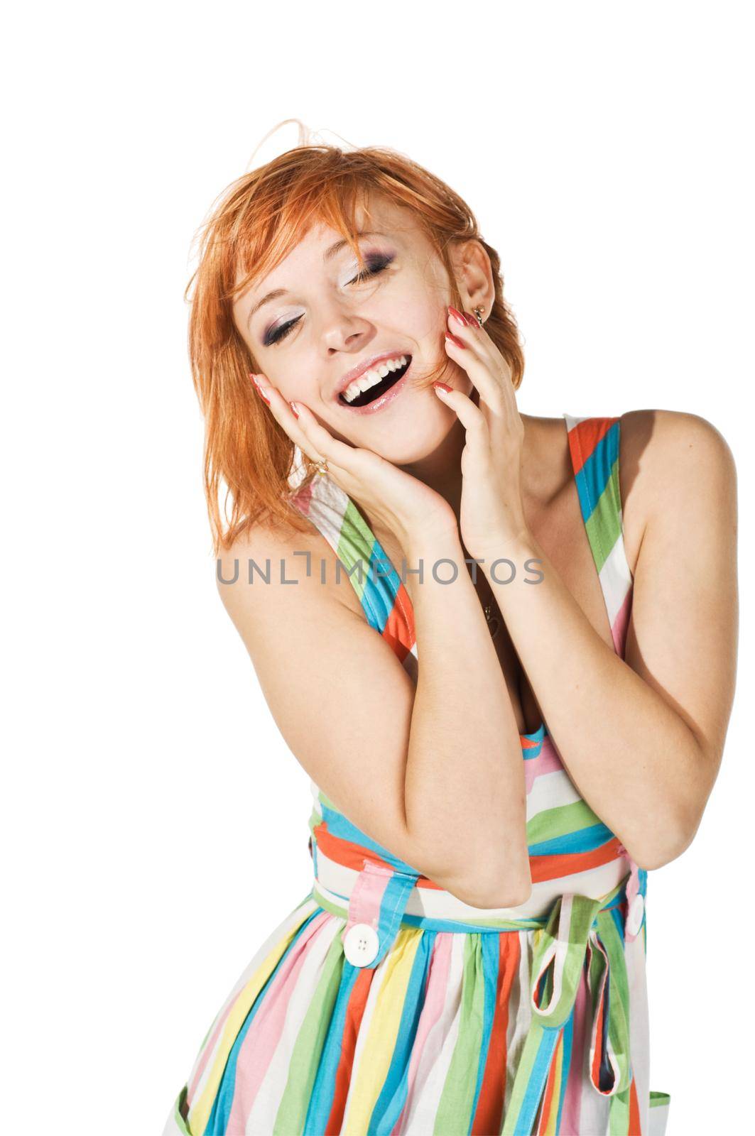 beautiful red-haired girl isolated on white background