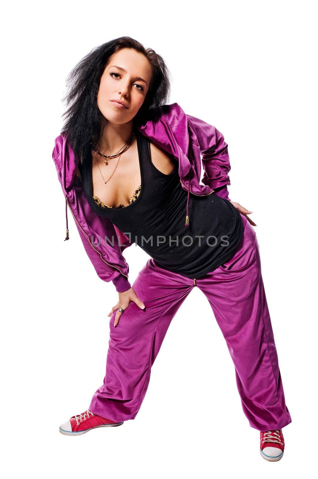 Hot brunette dancer isolated on white background