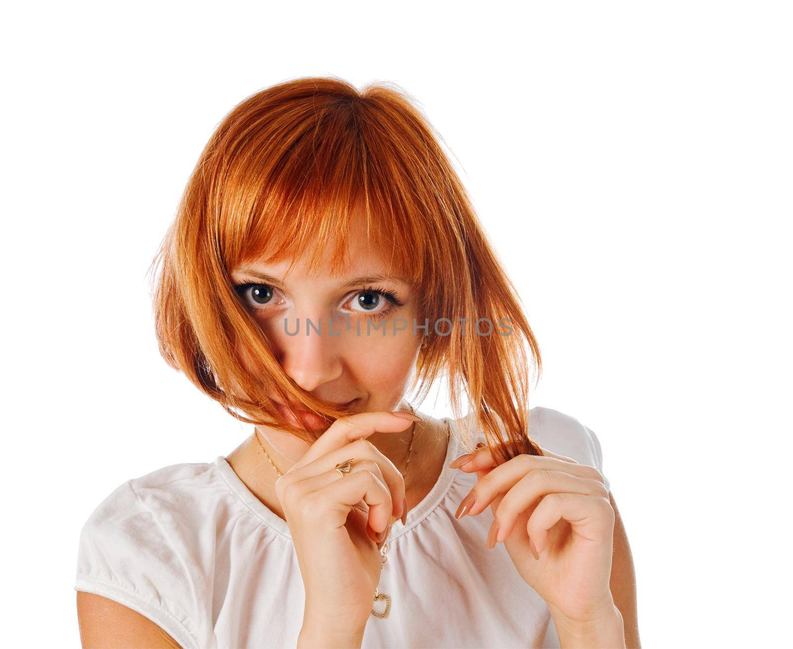 beautiful red girl isolated on white background