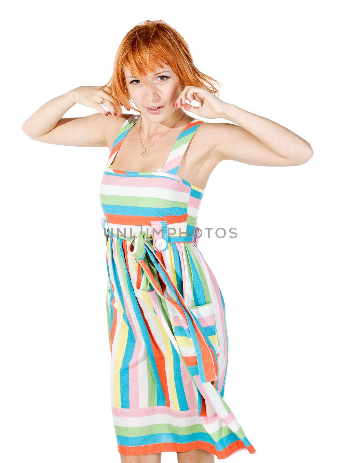 beautiful red-haired girl isolated on white background