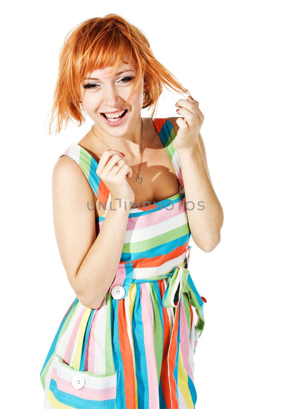 beautiful red-haired girl isolated on white background