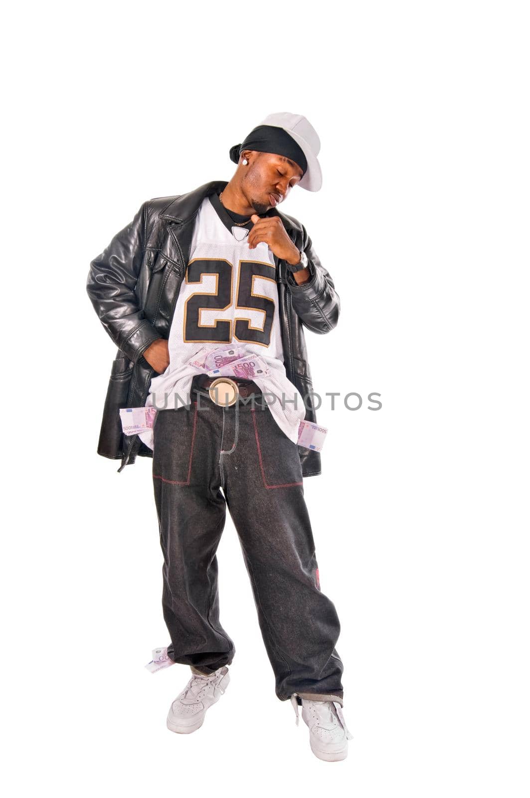 Cool young hip-hop dancer on white background