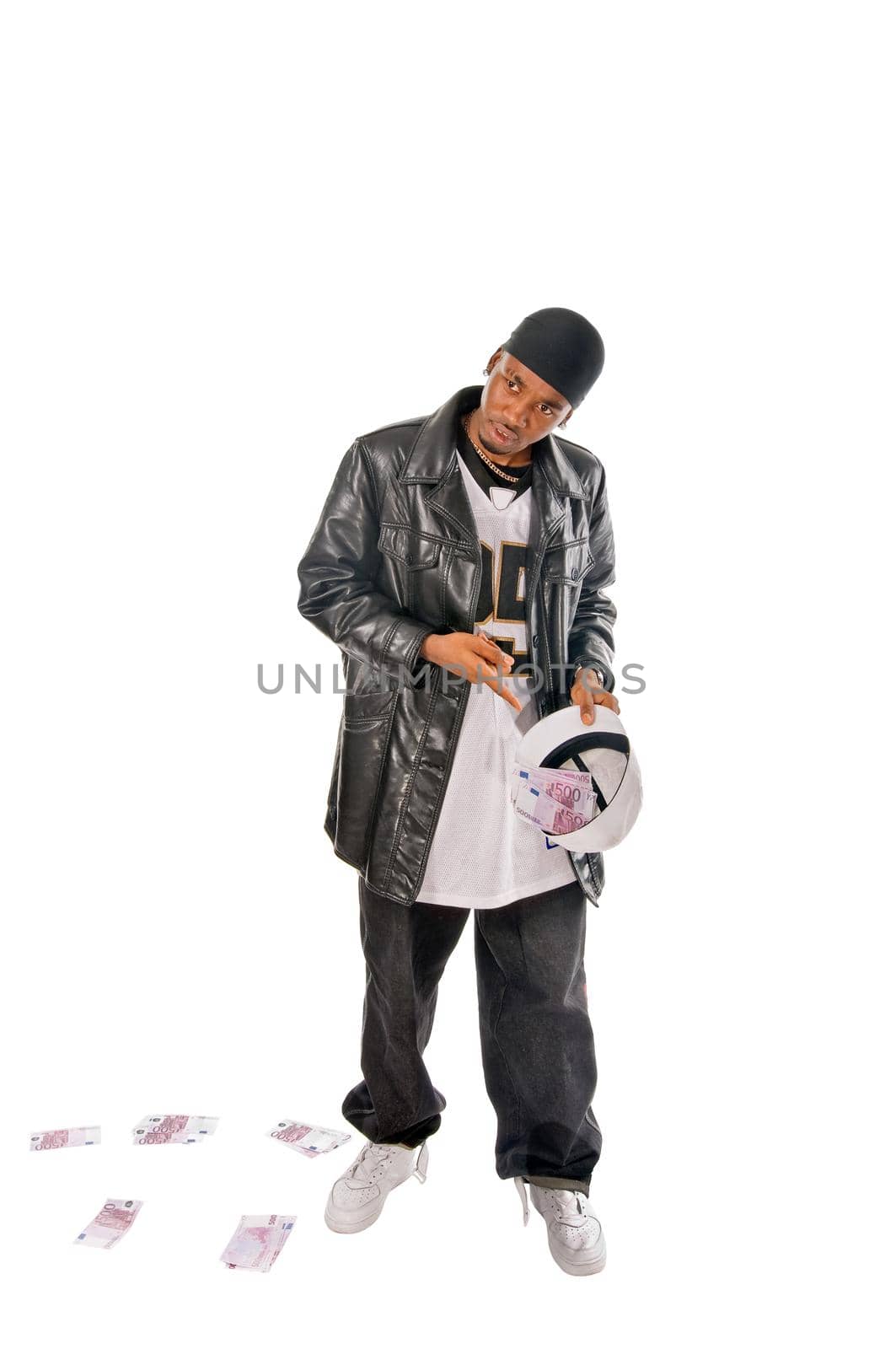 Cool young hip-hop dancer on white background