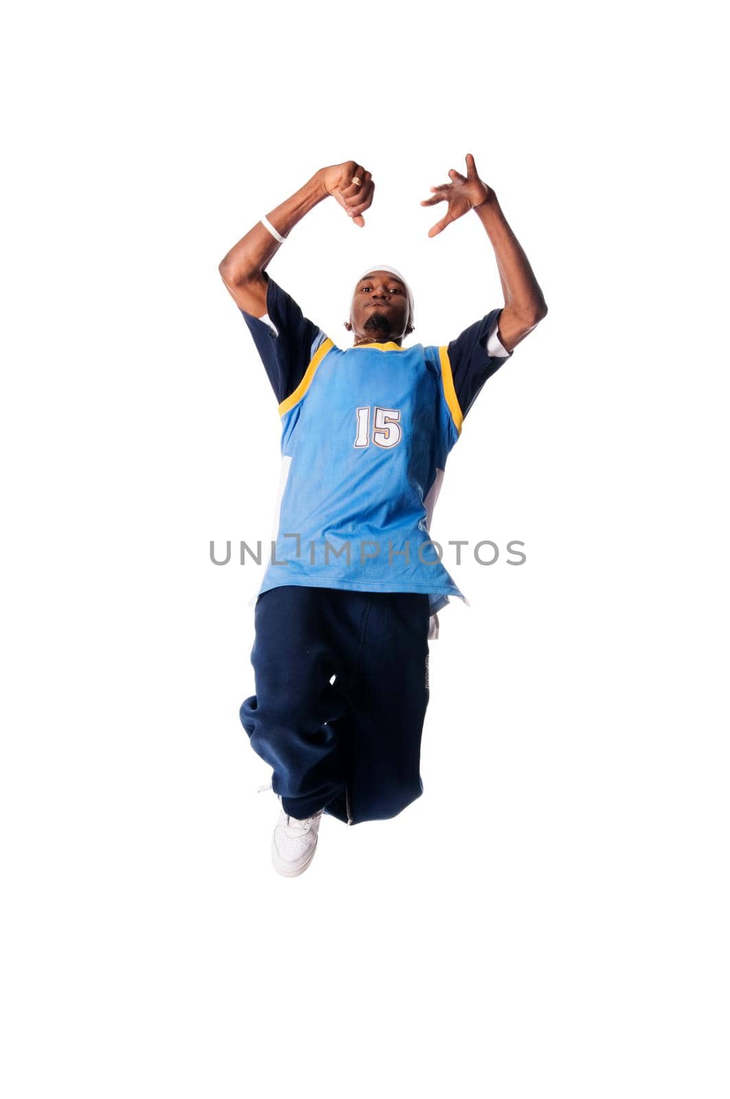 Hip-hop young man making cool move isolated on white background