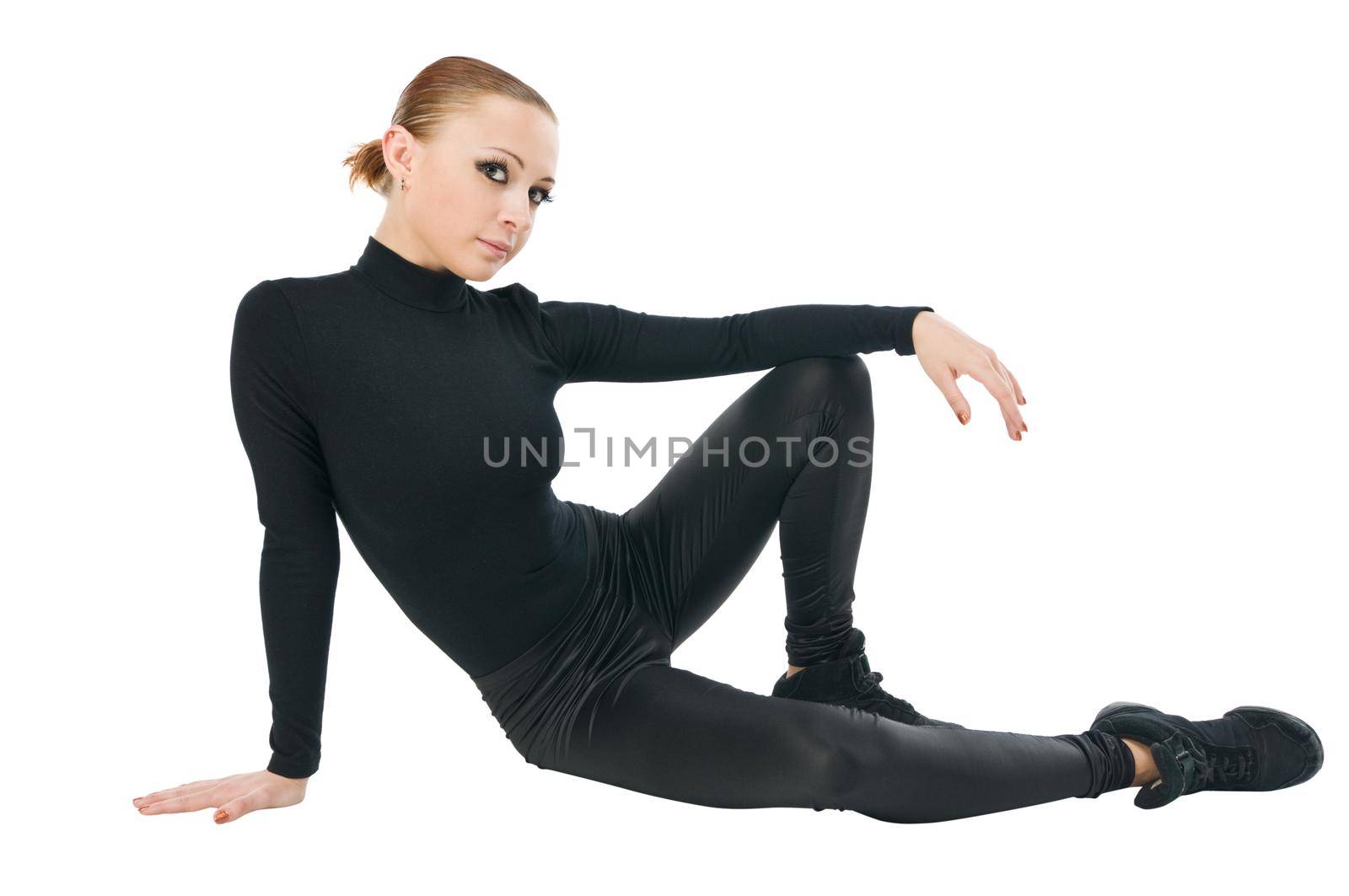 Beautiful modern dancer posing on white background