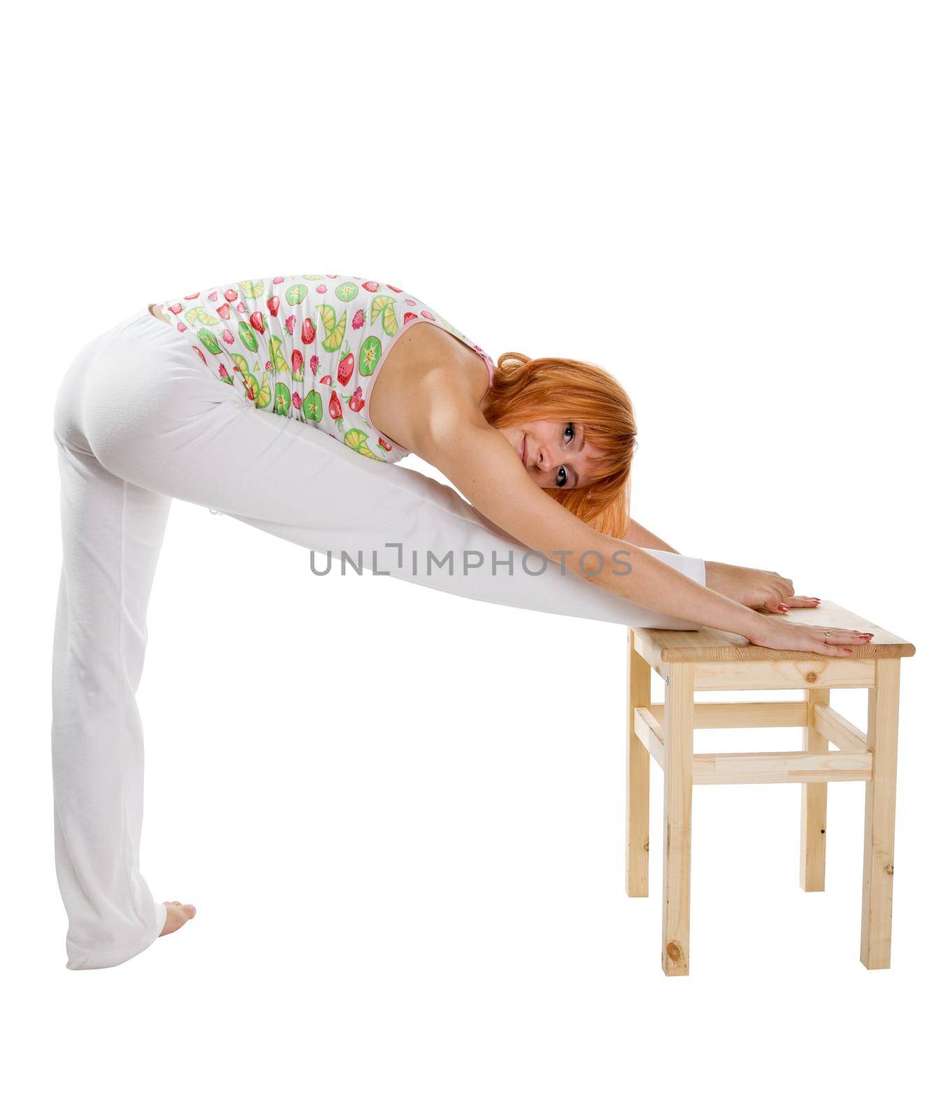 Girl performing fitness exercises isolated on white background