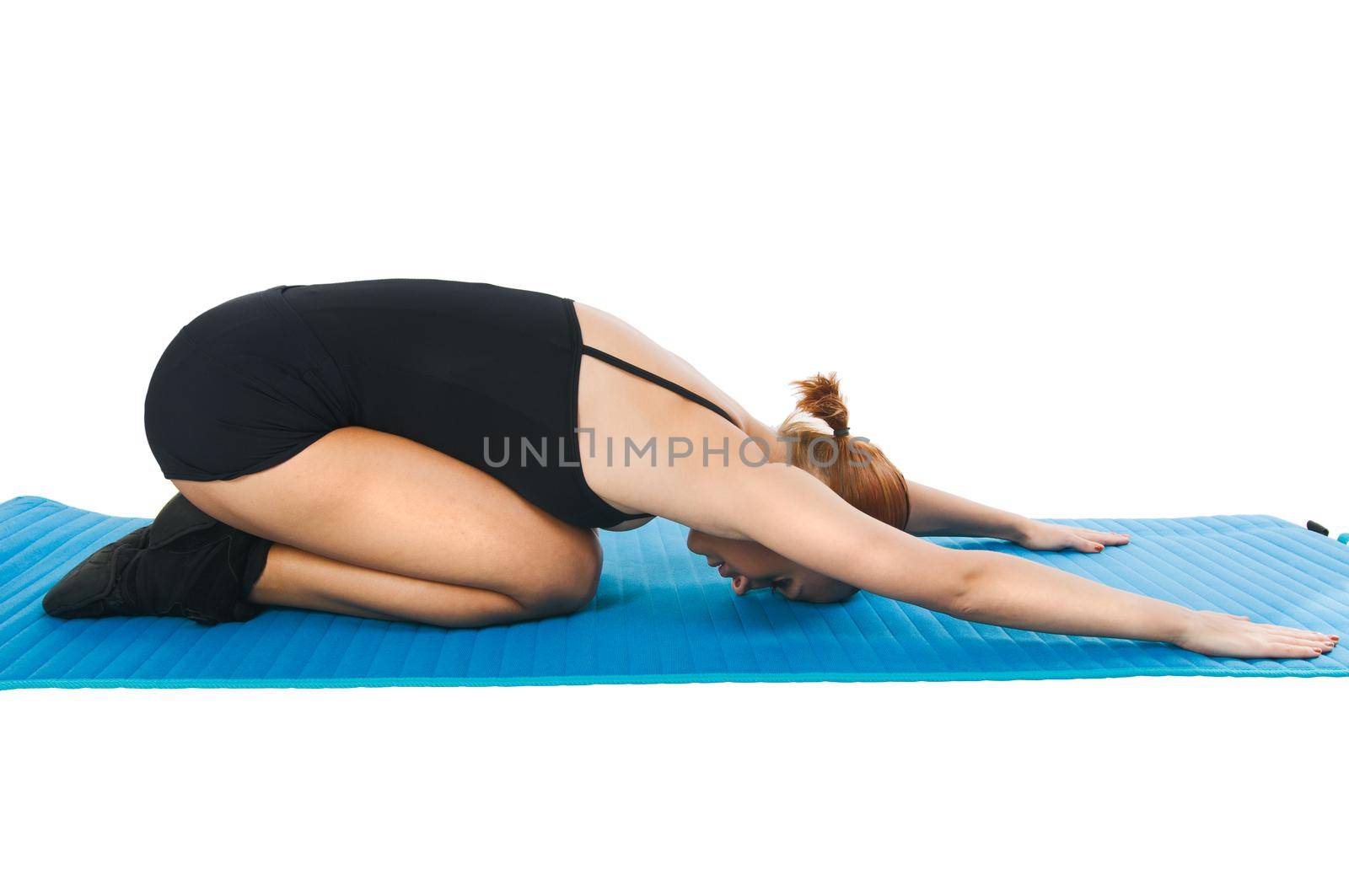 Beautiful slim woman showing relaxational exercises over white