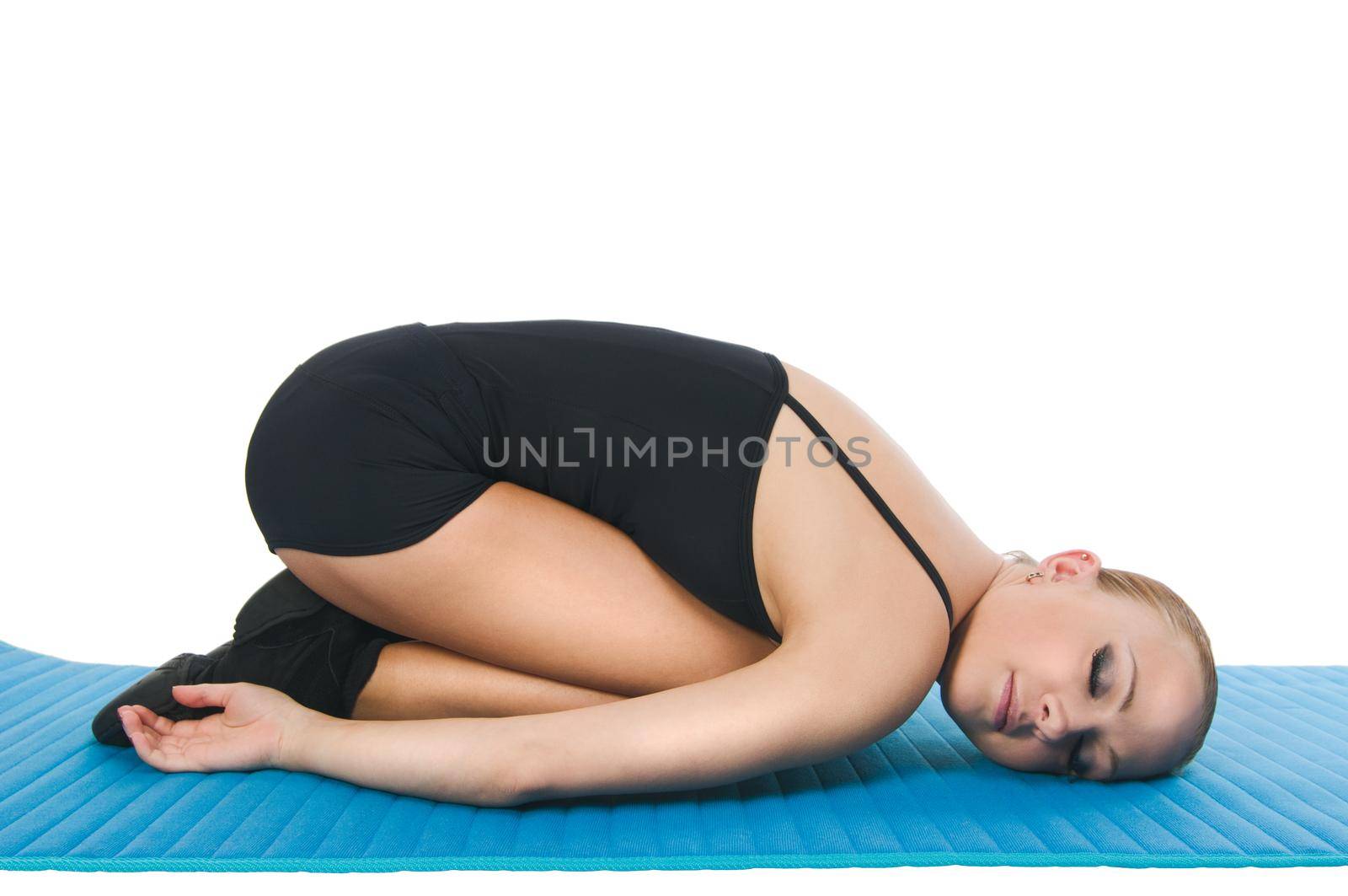Beautiful slim woman showing relaxational exercises over white