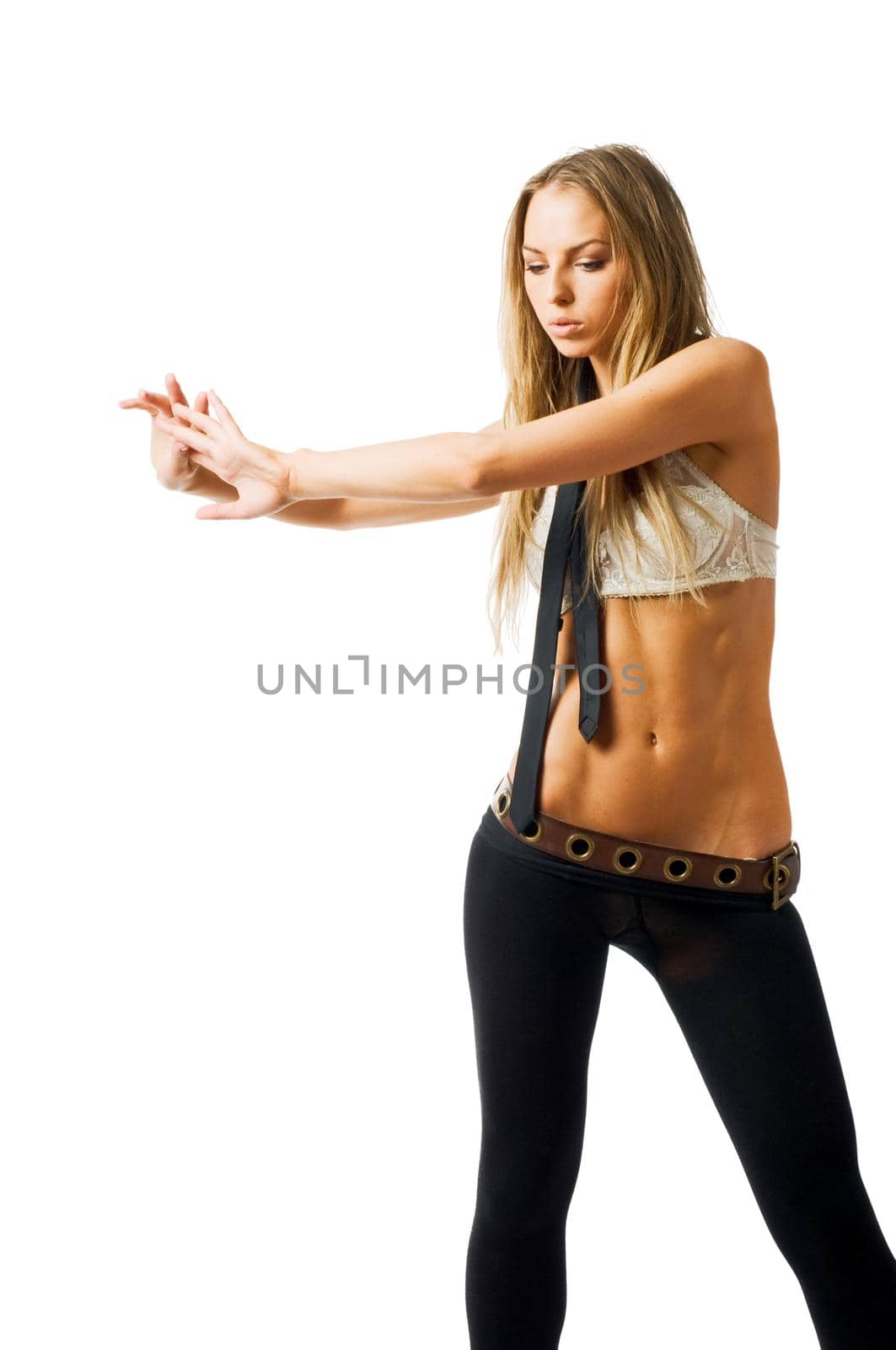 Young slim caucasian woman wearing bra isolated on white background