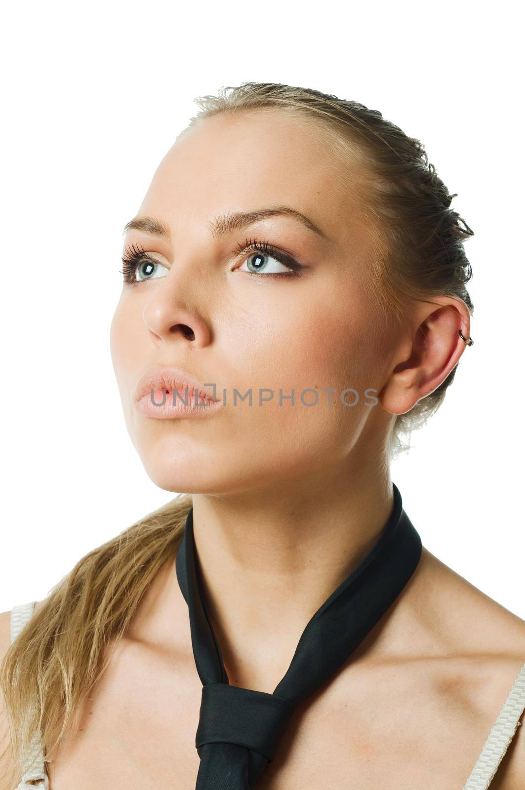 Young slim caucasian woman wearing bra isolated on white background