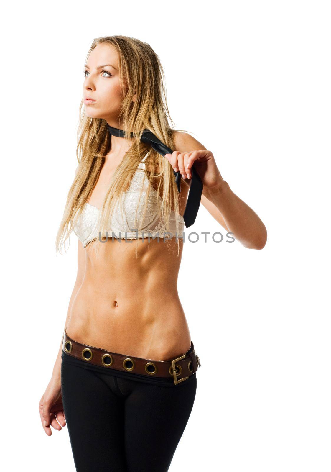 Young slim caucasian woman wearing bra isolated on white background