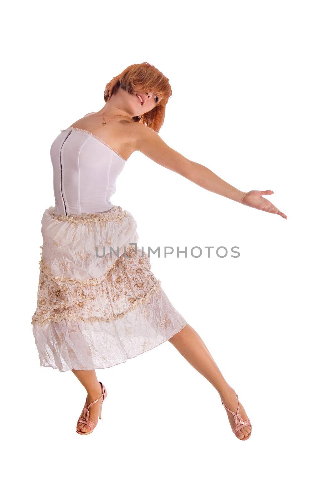 Red haired dancer isolated on white background