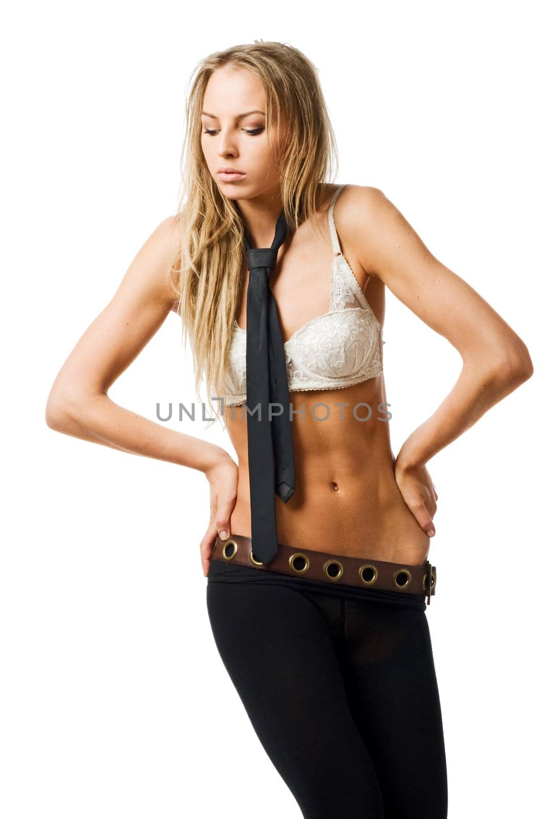 Young slim caucasian woman wearing bra isolated on white background