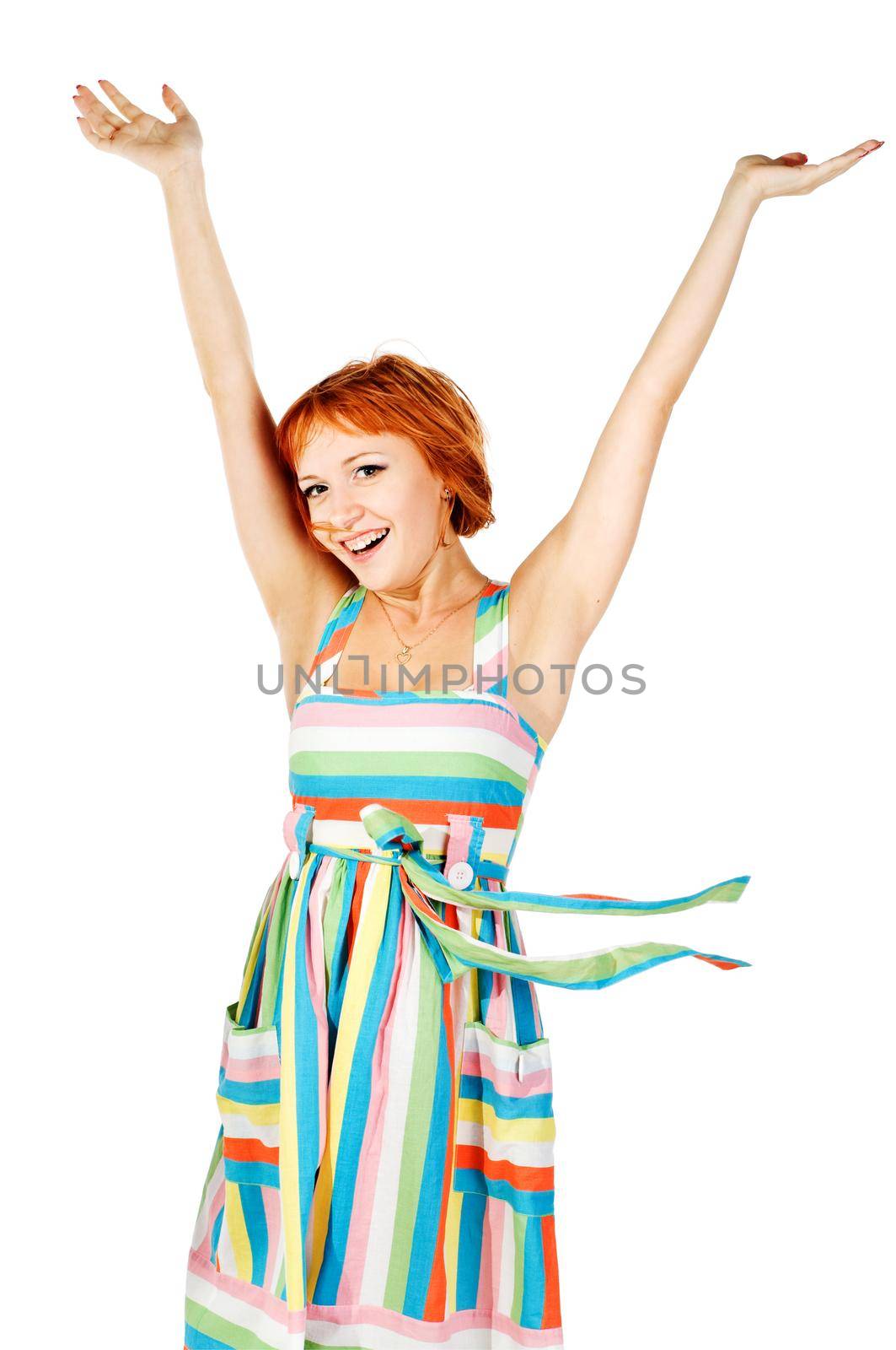 Beautiful red girl wearing colorful dress isolated on white