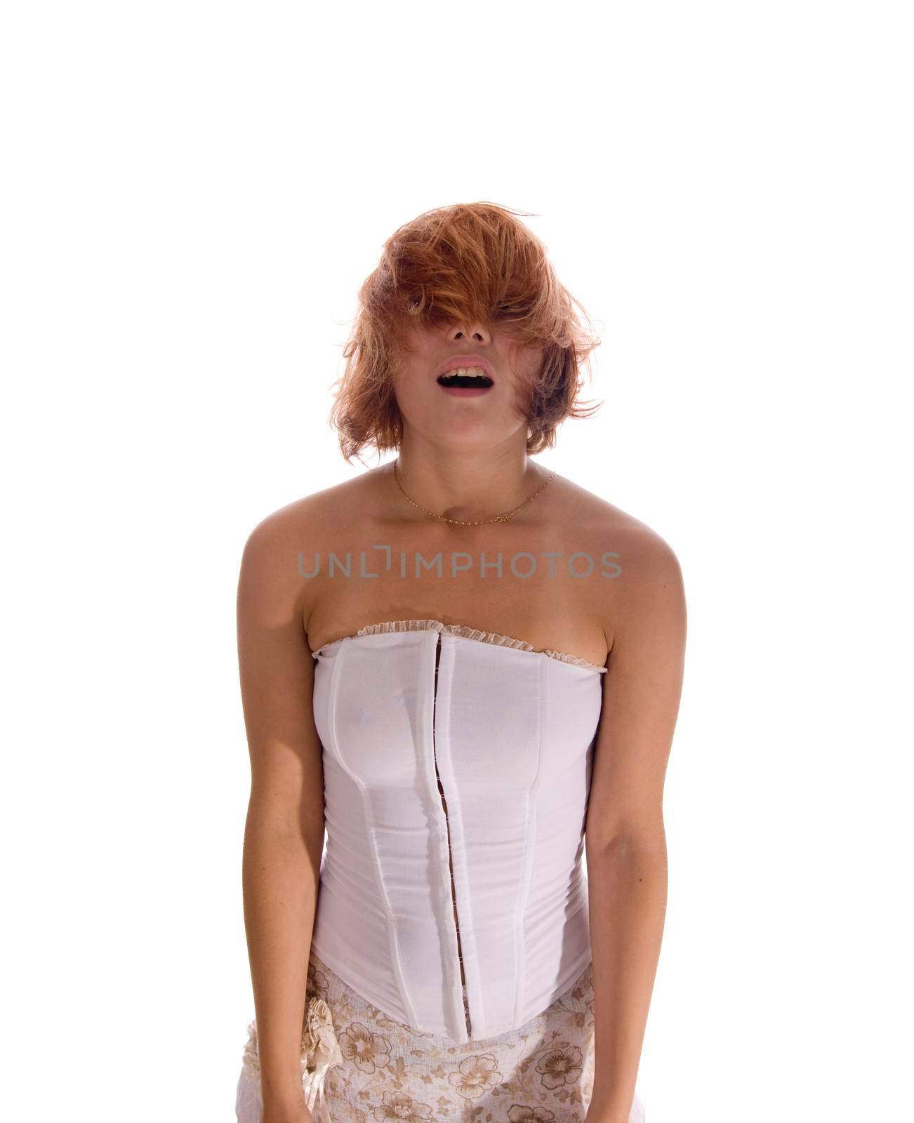 Red haired dancer isolated on white background