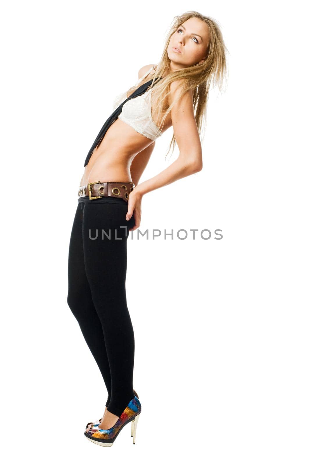 Young slim caucasian woman wearing bra isolated on white background