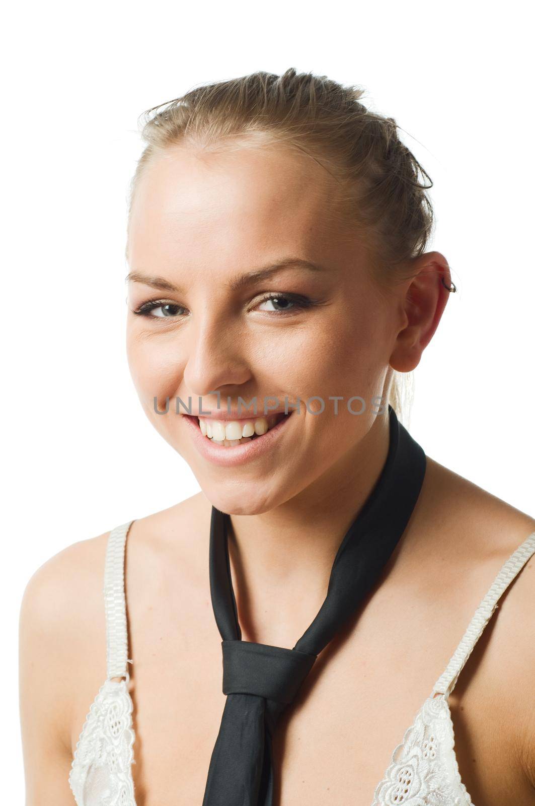 Young slim caucasian woman wearing bra isolated on white background