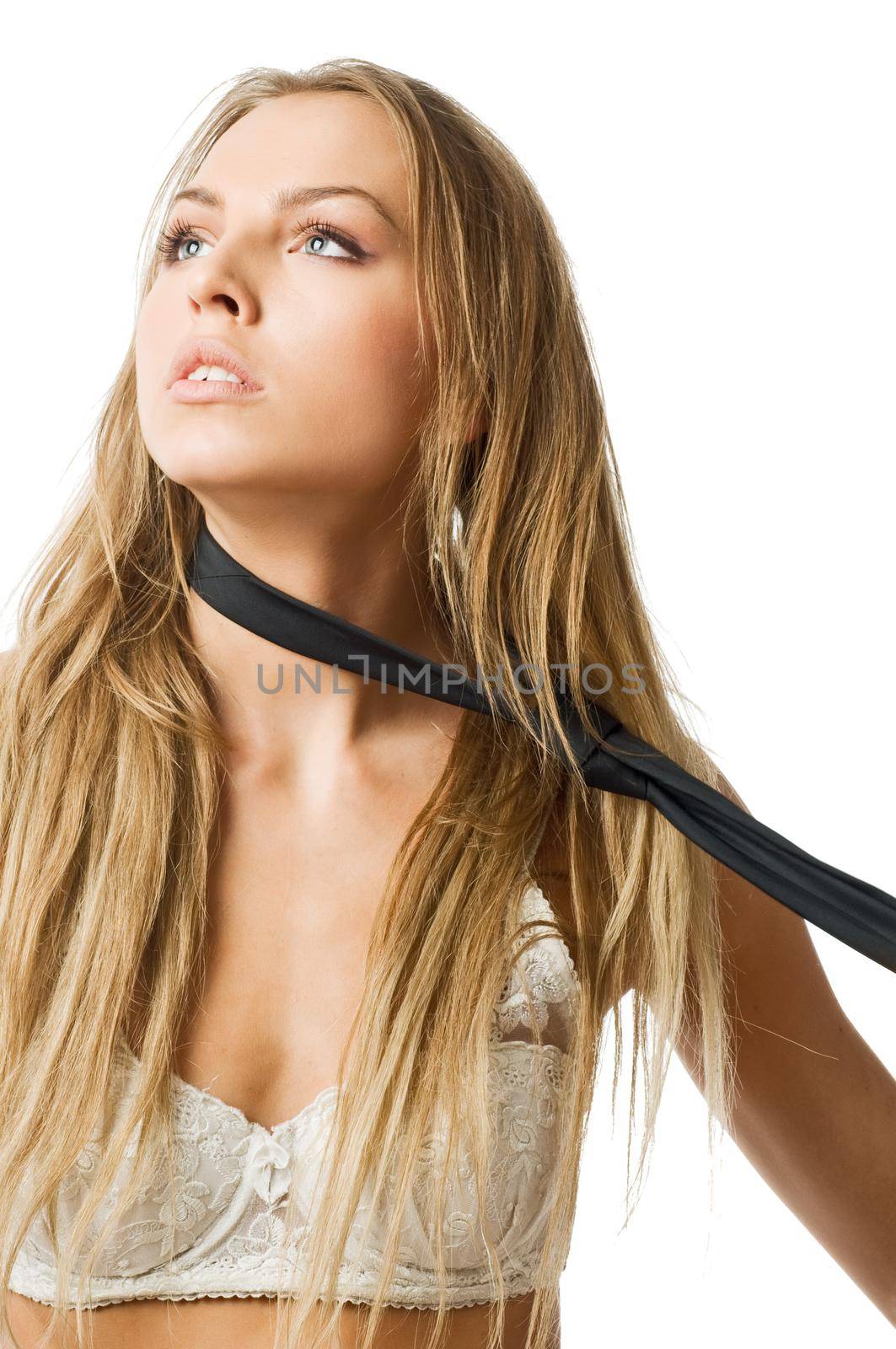 Young slim caucasian woman wearing bra isolated on white background