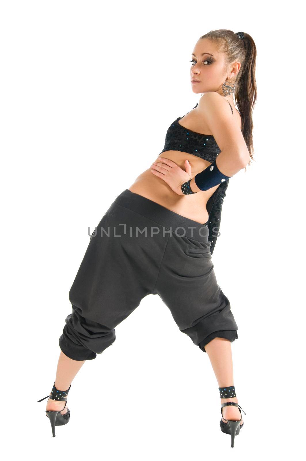 iBeautiful modern dancer wearing black clothes dancing on white