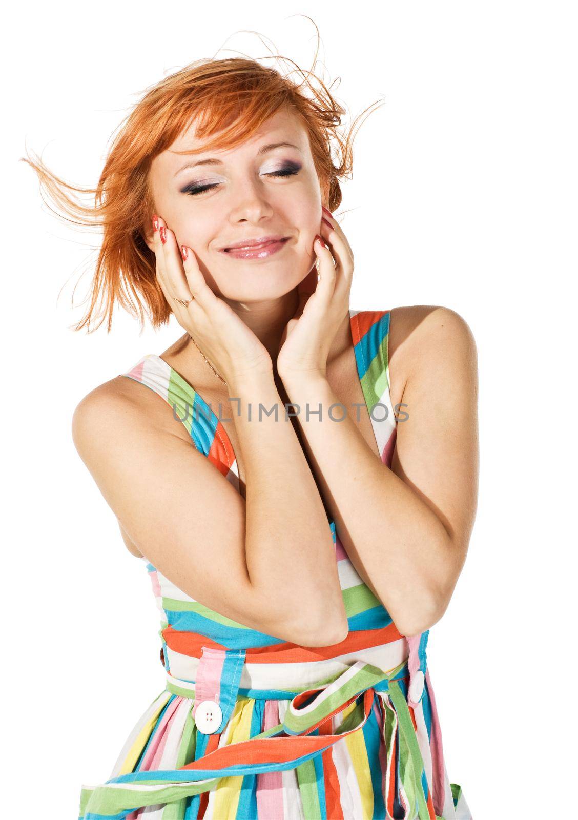 beautiful red-haired girl isolated on white background