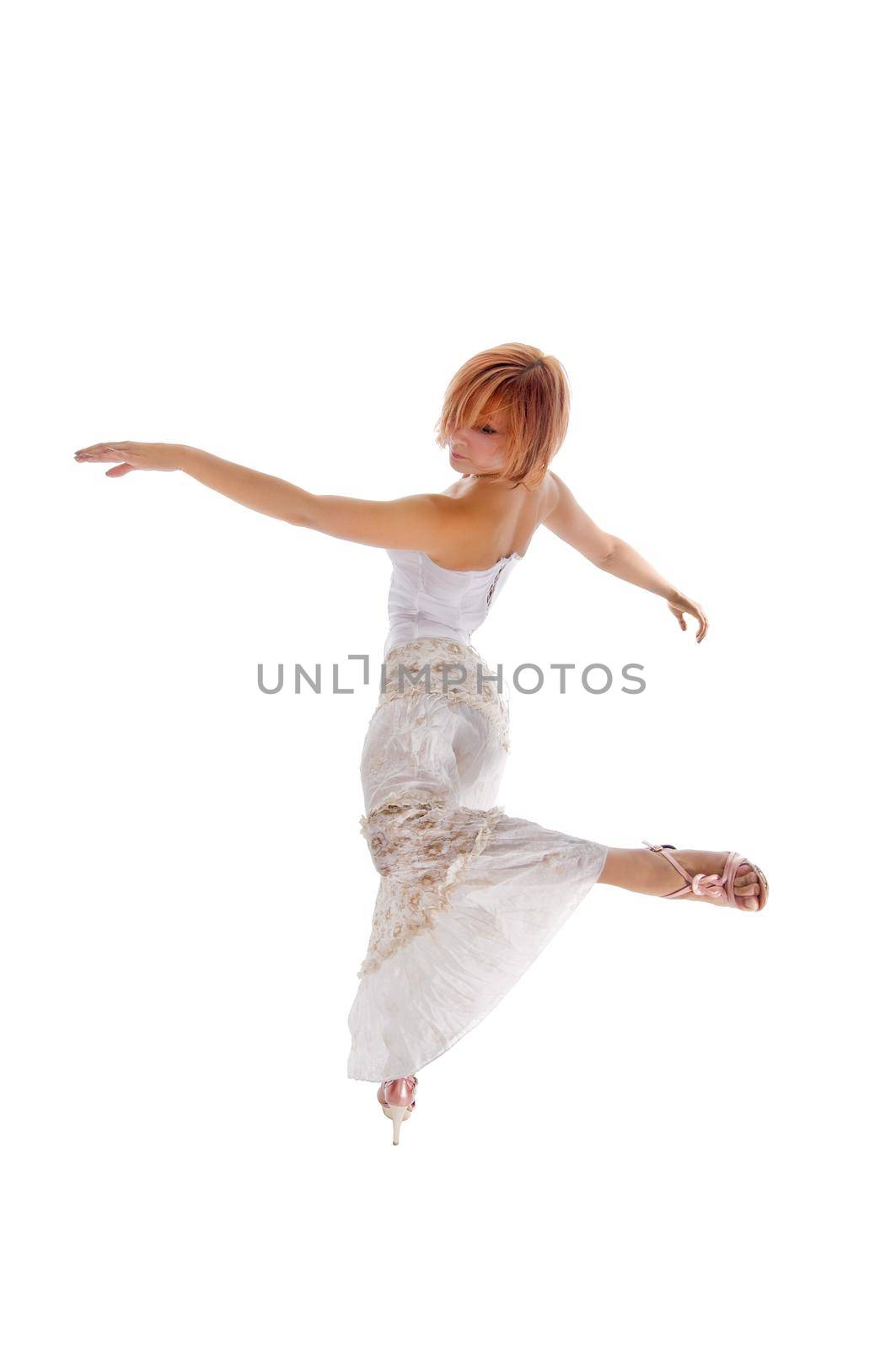 Red haired dancer isolated on white background