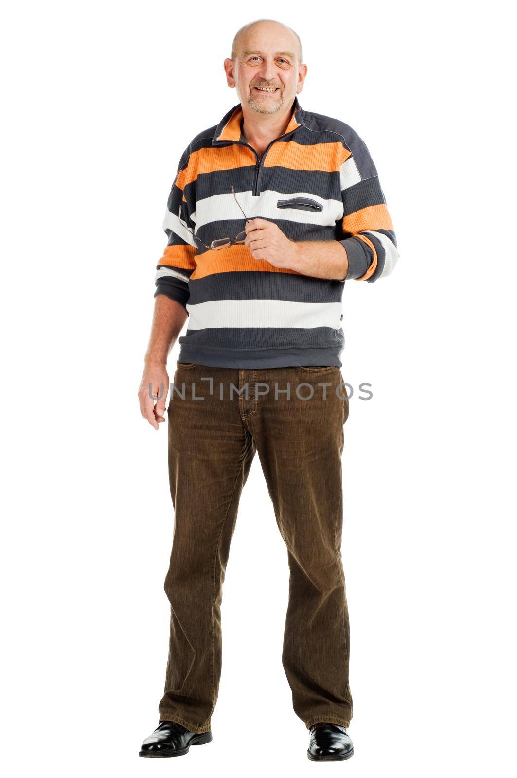 Tall mature man posing on white background
