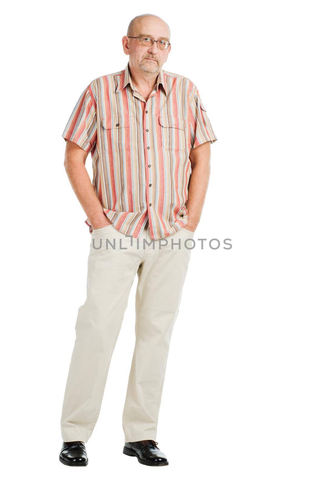 Tall mature man posing on white background