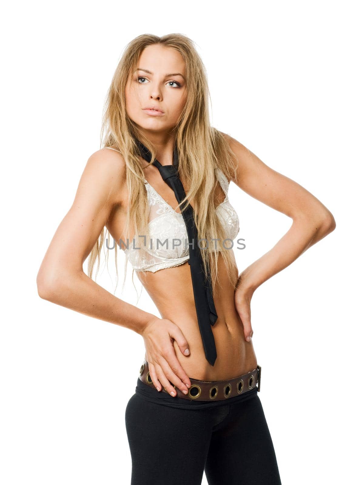 Young slim caucasian woman wearing bra isolated on white background