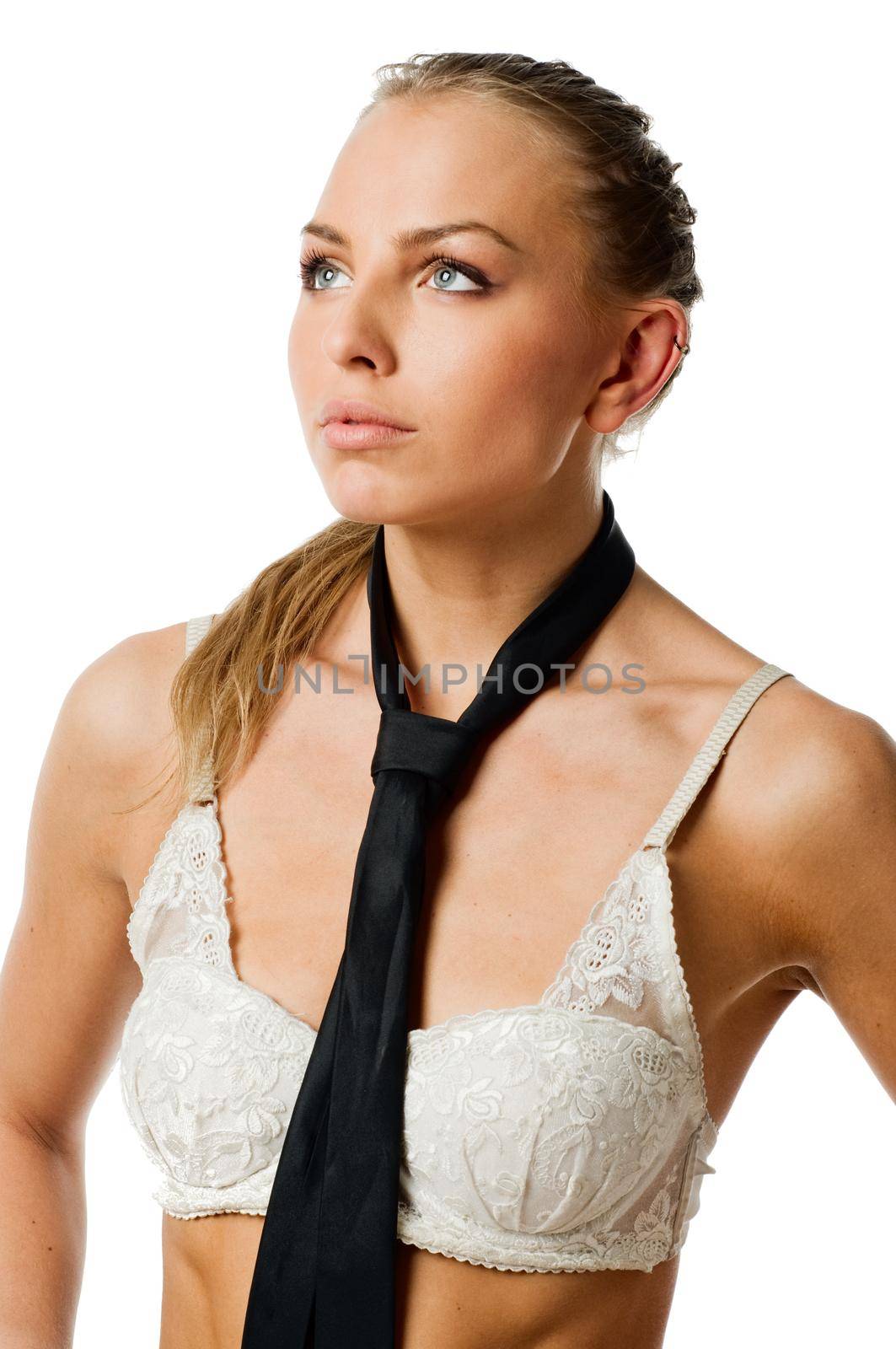 Young slim caucasian woman wearing bra isolated on white background