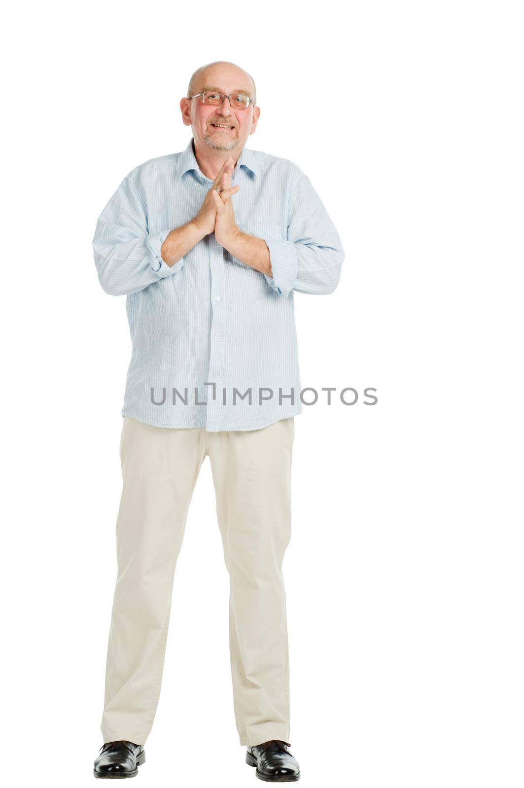 Tall mature man posing on white background