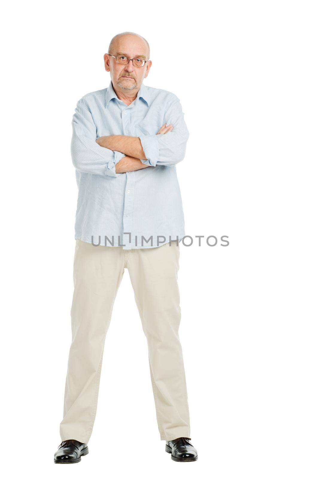Tall mature man posing on white background