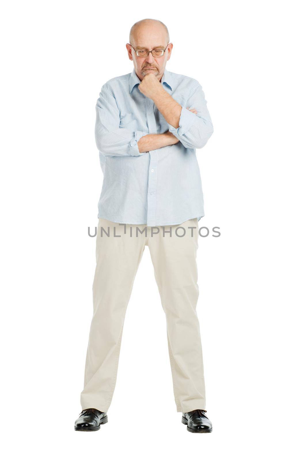 Tall mature man posing on white background