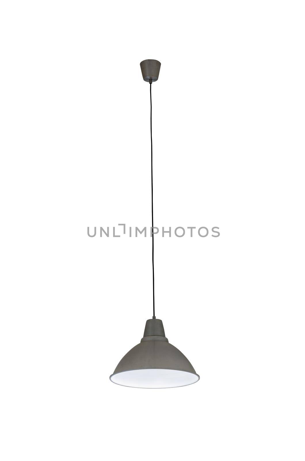 Modern metallic chandelier hangin from ceiling isolated on white background
