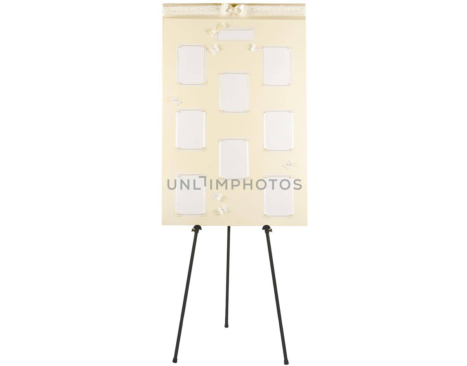 Wedding seating plan board on stand with blank spaces for names