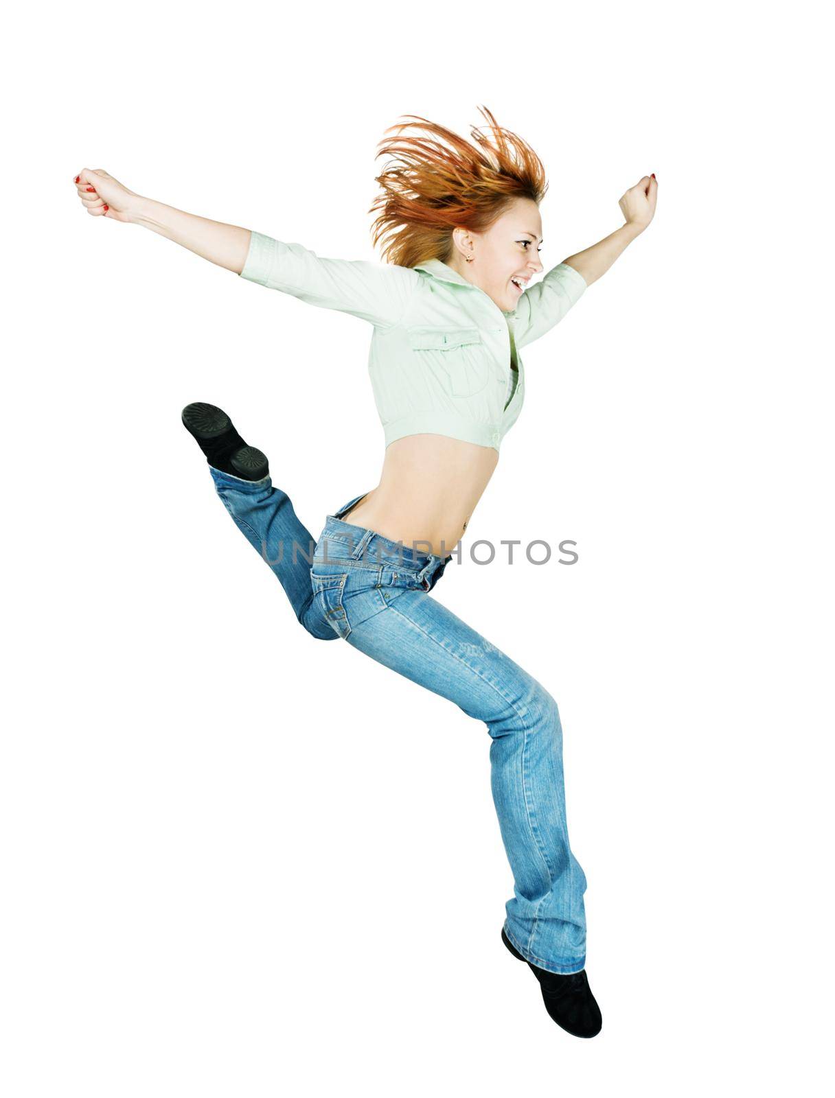 Active parkour red girl jumping in the studio