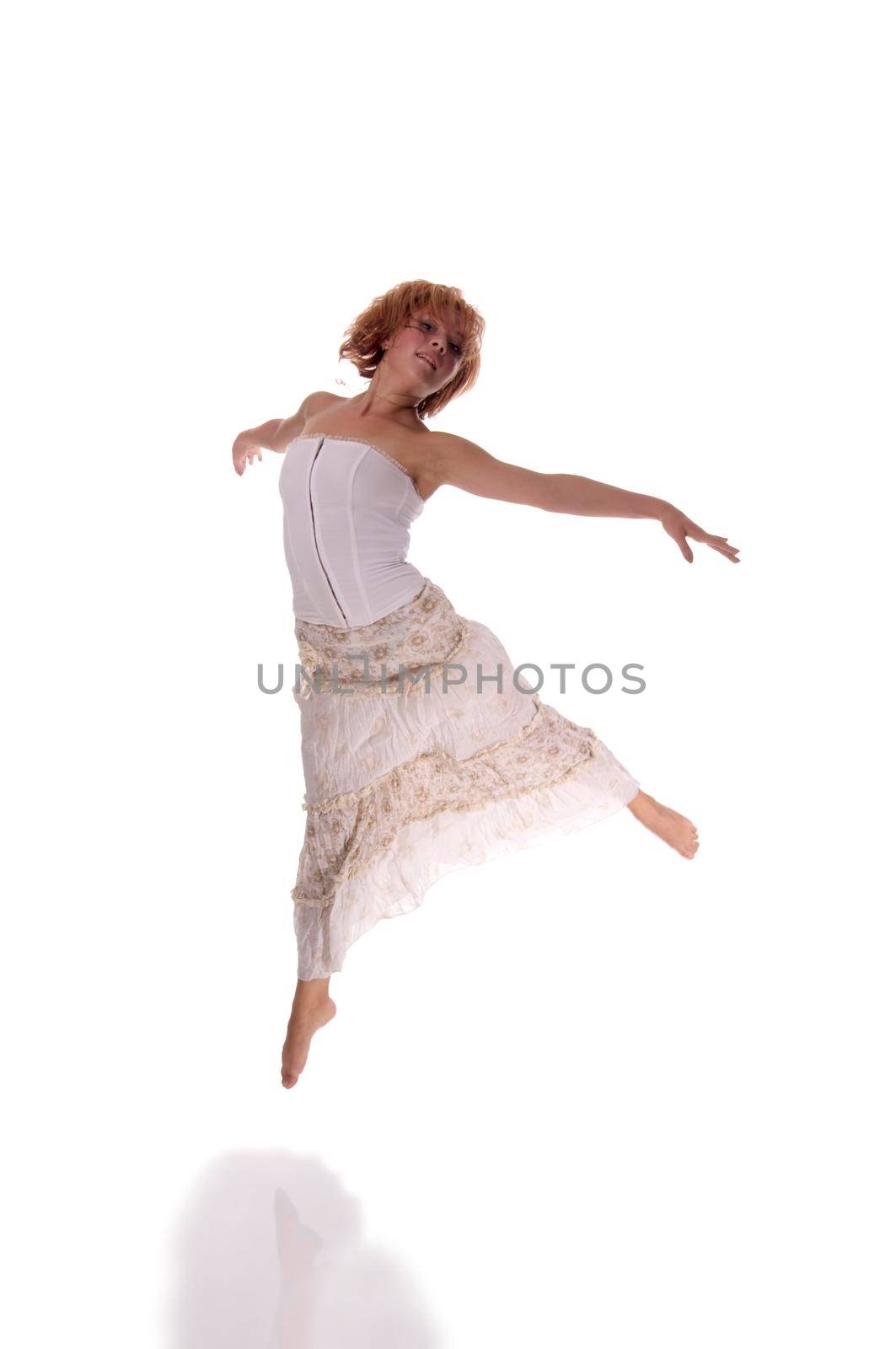 Red haired dancer isolated on white background