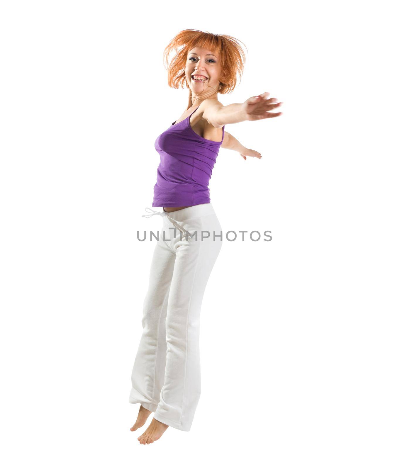 Excited fitness girl isolated on white background