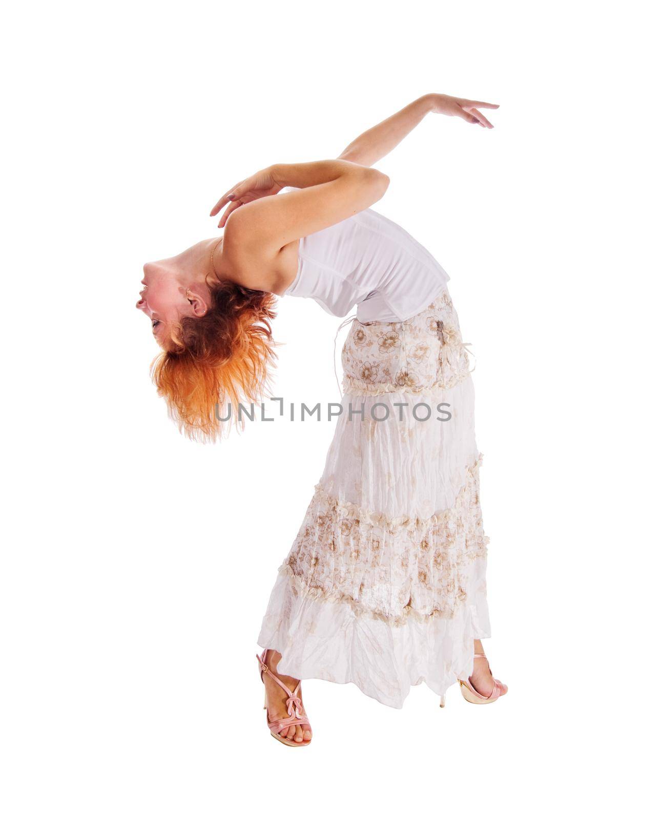 Beautiful red-haired dancer isolated on white background