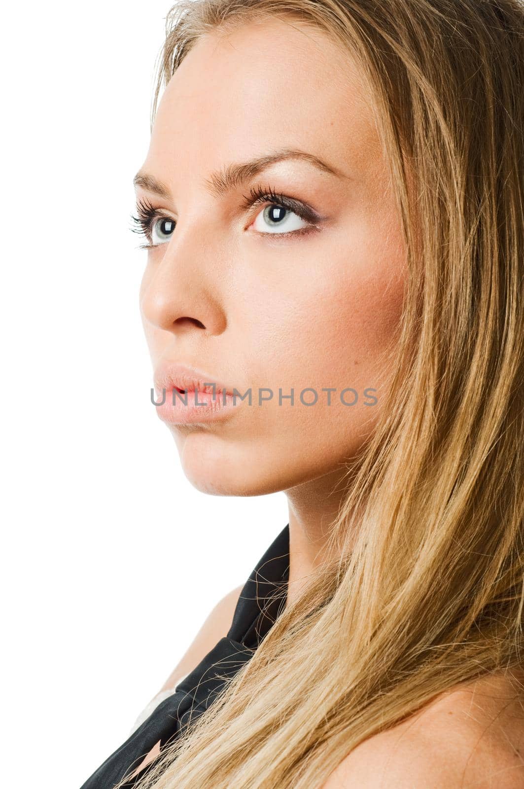 Young slim caucasian woman wearing bra isolated on white background