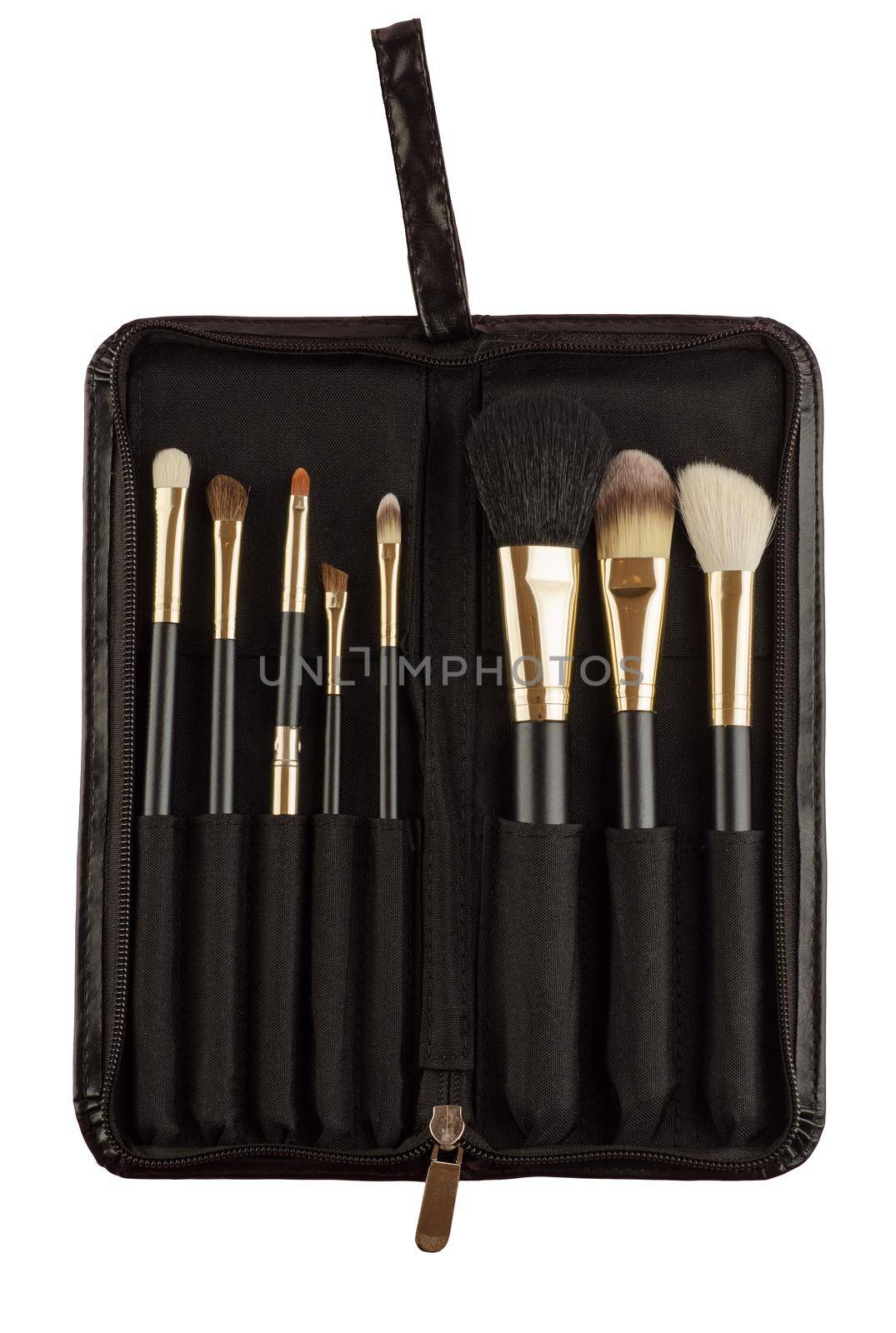 Set of black makeup brushes in case