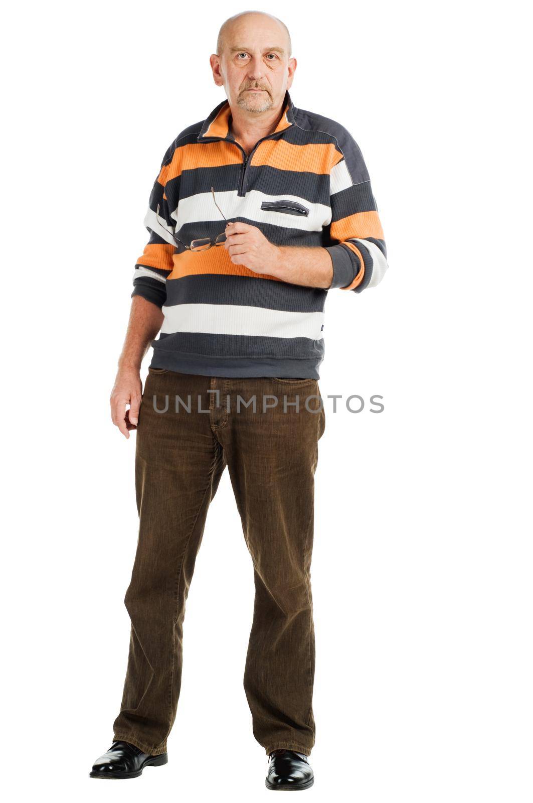 Tall mature man posing on white background