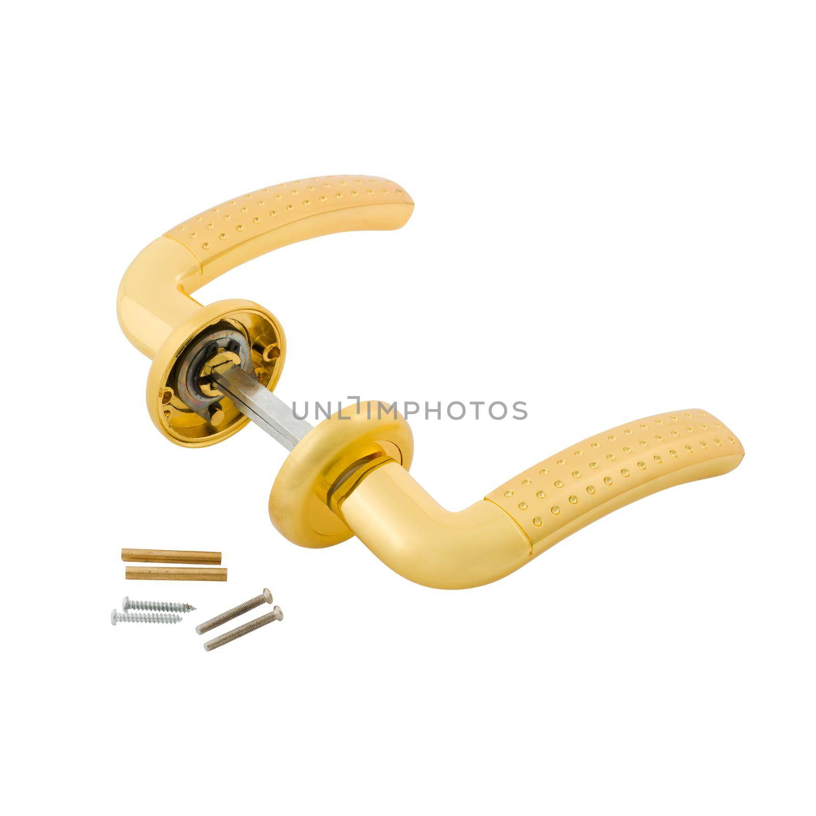 Door Knob assembly with bolts and screws on White Background