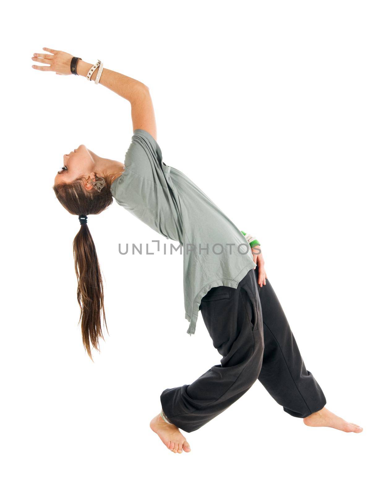 Beautiful contemporary dancer performing on white background.