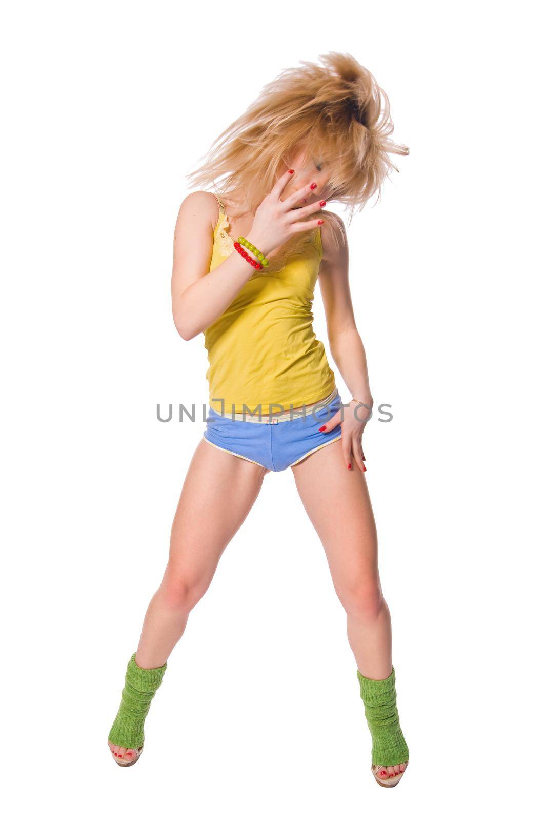 Beautiful fit girl exercising isolated on white background