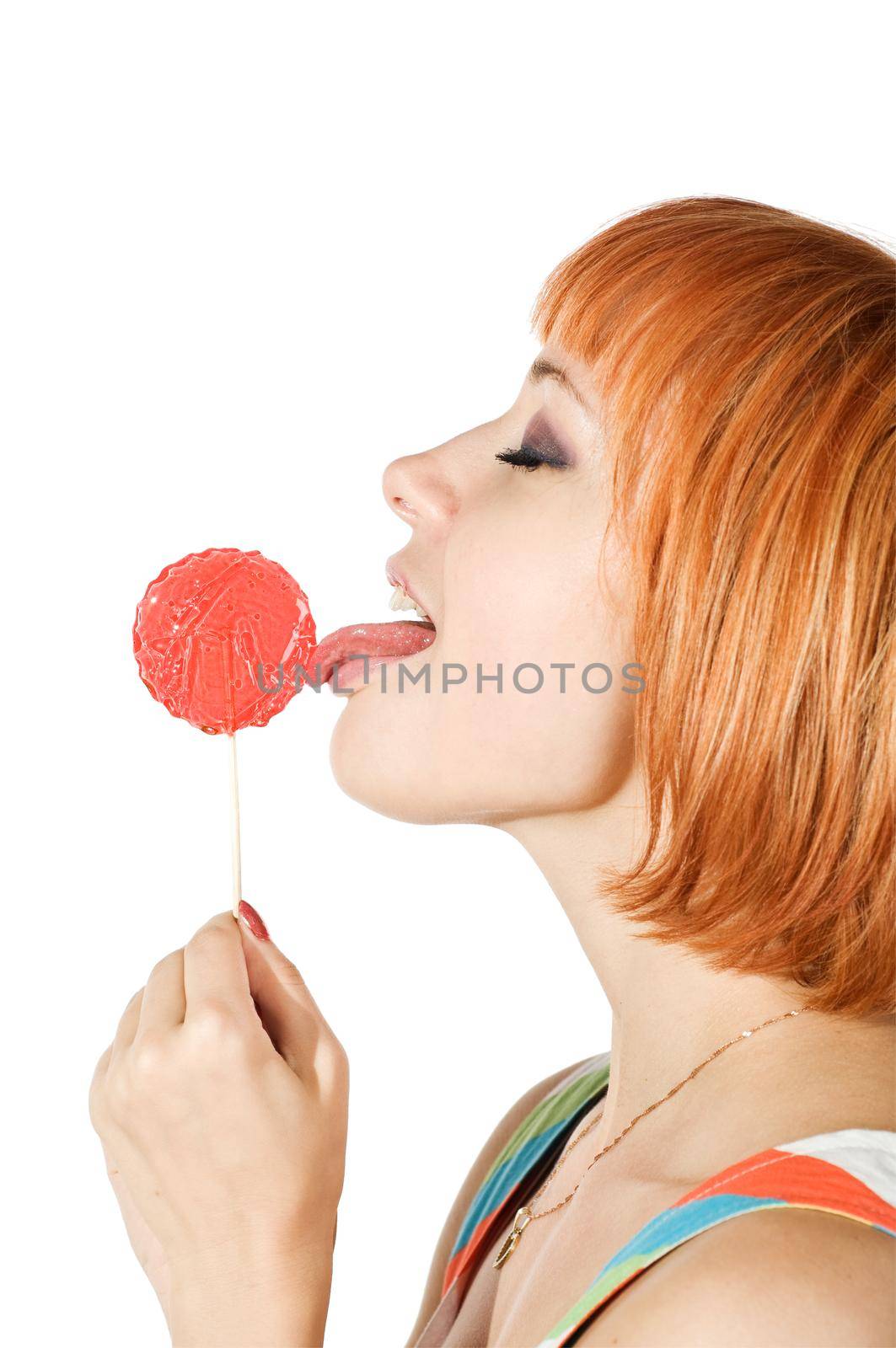 beautiful red-haired girl isolated on white background