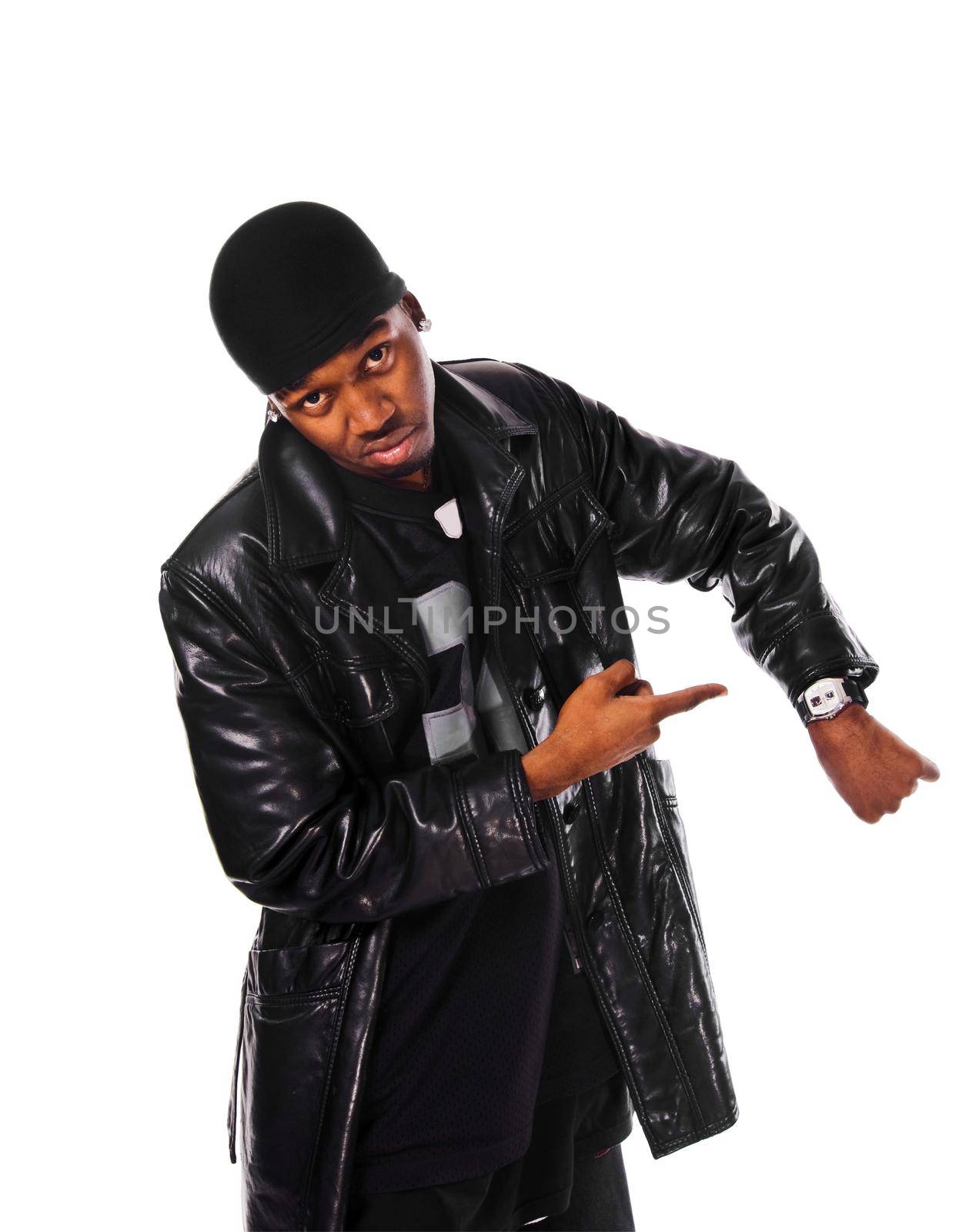 Young cool hip-hop male pointing finger at the watch