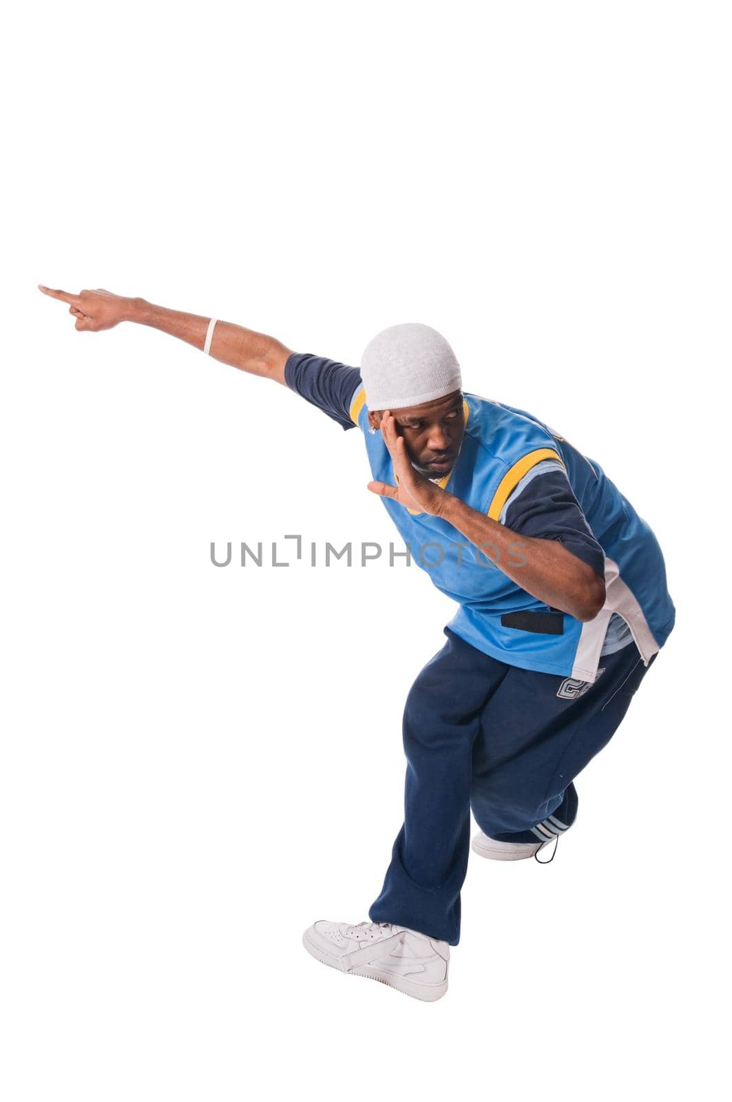 Hip-hop young man making cool move isolated on white background
