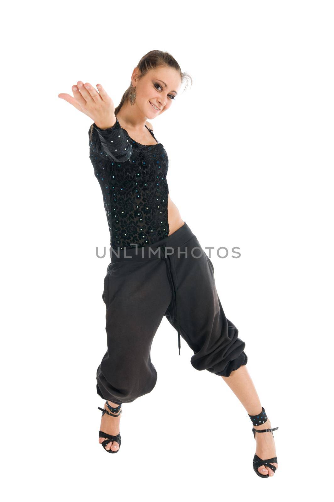 Modern dancer wearing black clothes on white background