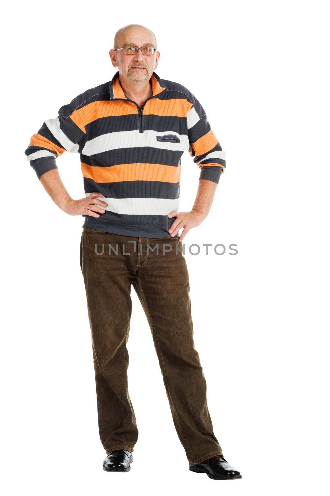 Tall mature man posing on white background