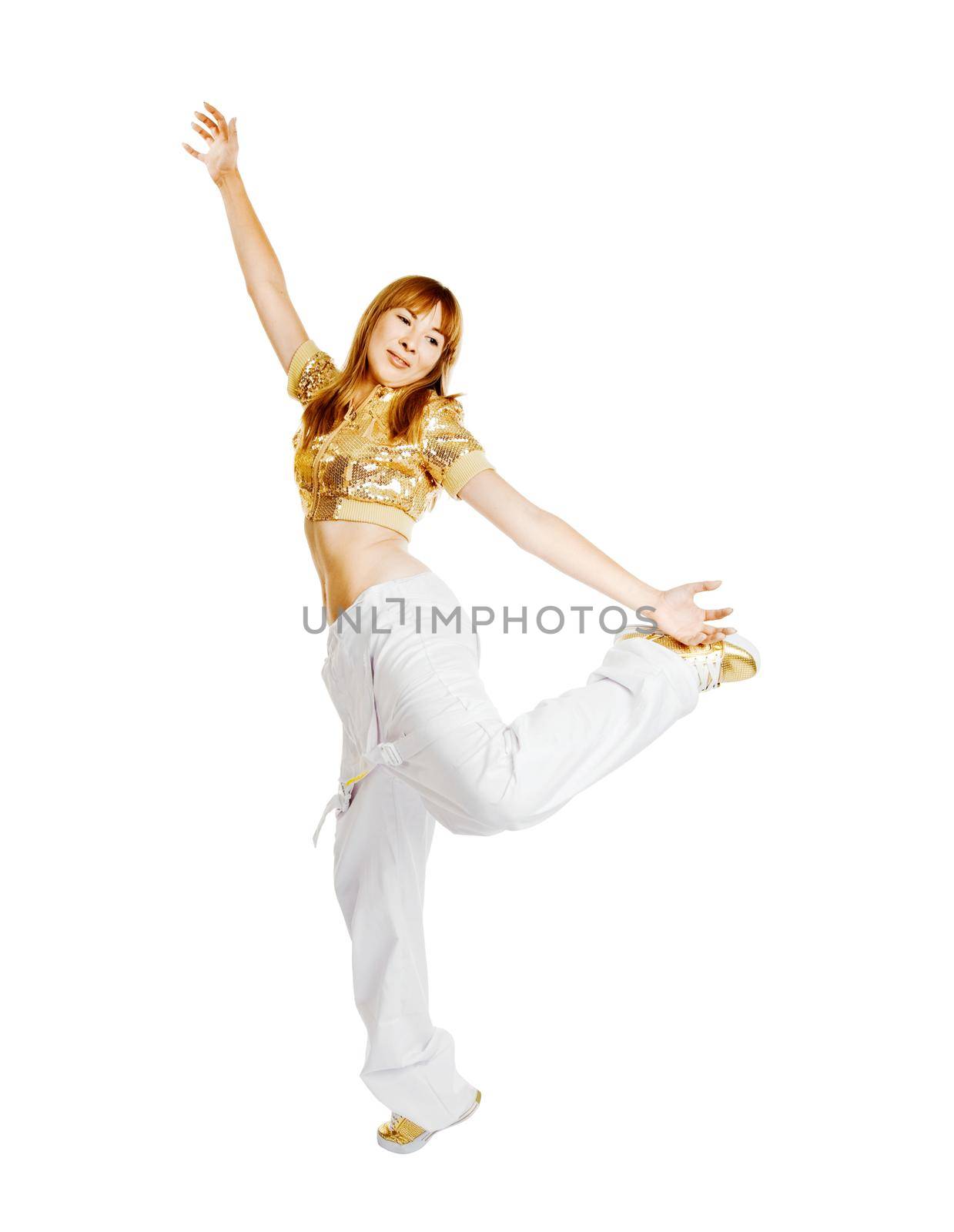Beautiful blond dancer isolated on white background